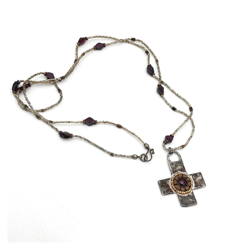 Mary B. Hetz 925‎ Sterling Silver Hammered Cross Necklace Beaded Chain Garnet